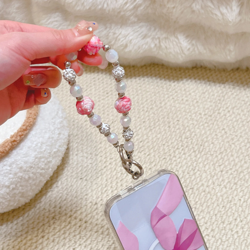 Luxury Glitter Rose Floral Beaded Chain Phone Lanyard Accessory Customizable Straps for iPhone 16 Pro Max 11 13 15