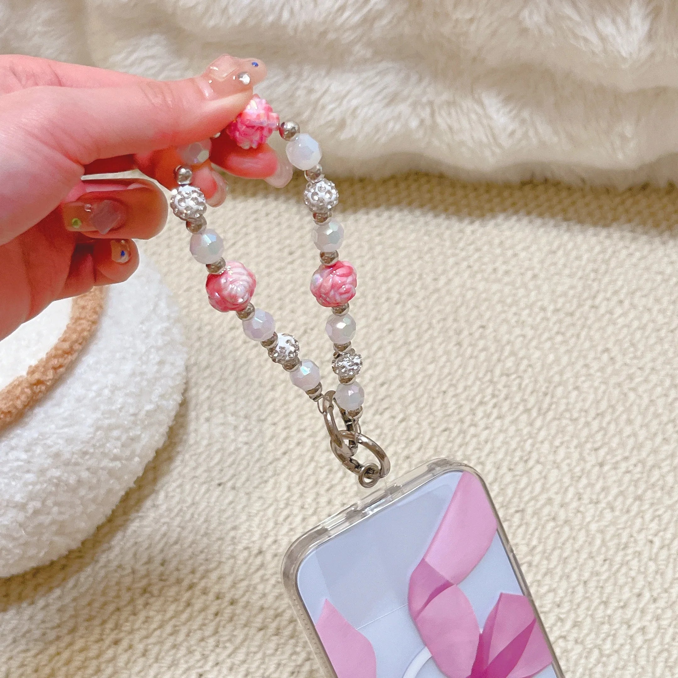 Luxury Glitter Rose Floral Beaded Chain Phone Lanyard Accessory Customizable Straps for iPhone 16 Pro Max 11 13 15