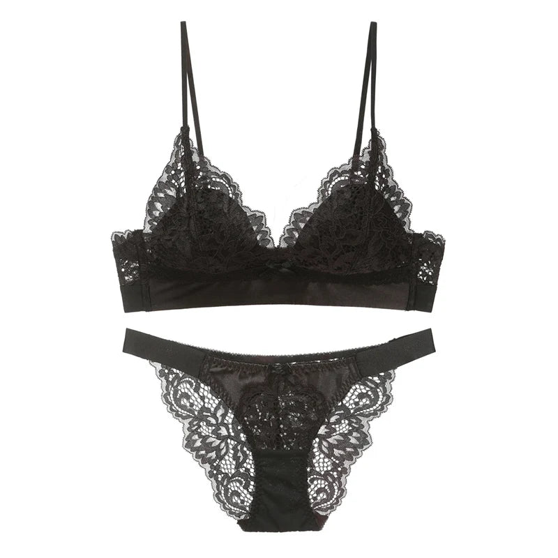French Hollow Out Lace Triangle Cup Bra and Thong Set Underwear Wireless Thin Lined Women Sexy Lingerie New Arrivals