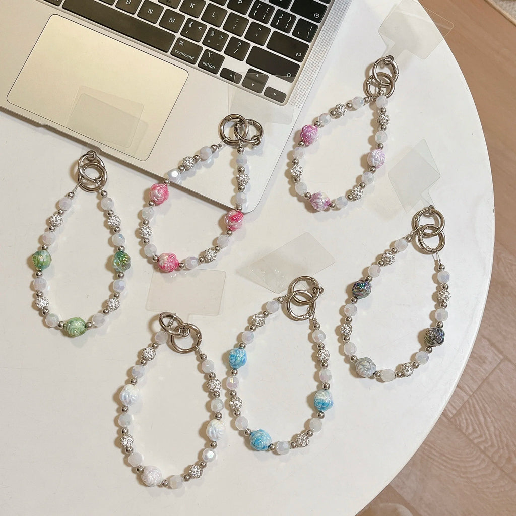 Luxury Glitter Rose Floral Beaded Chain Phone Lanyard Accessory Customizable Straps for iPhone 16 Pro Max 11 13 15