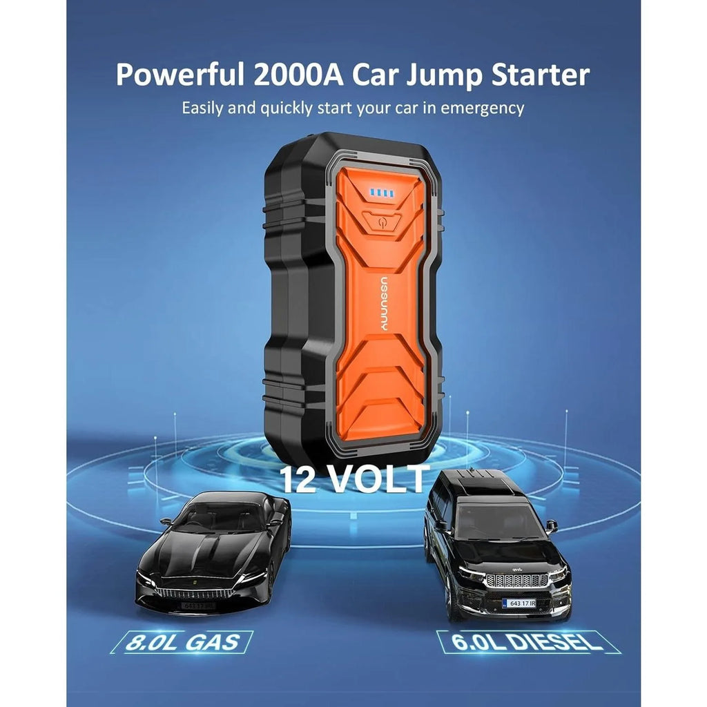 3000mah Jump Starter - 2000A Smart Car Battery Booster Pack with UltraSafe Lithium Battery, Portable Jump Box with LED Light/USB