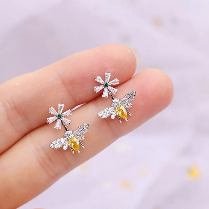 White Gold Plated Bee Stud Earrings With Pear Cut Zircon And Diamond Accents For Women Party Jewelry Cute Insect Design