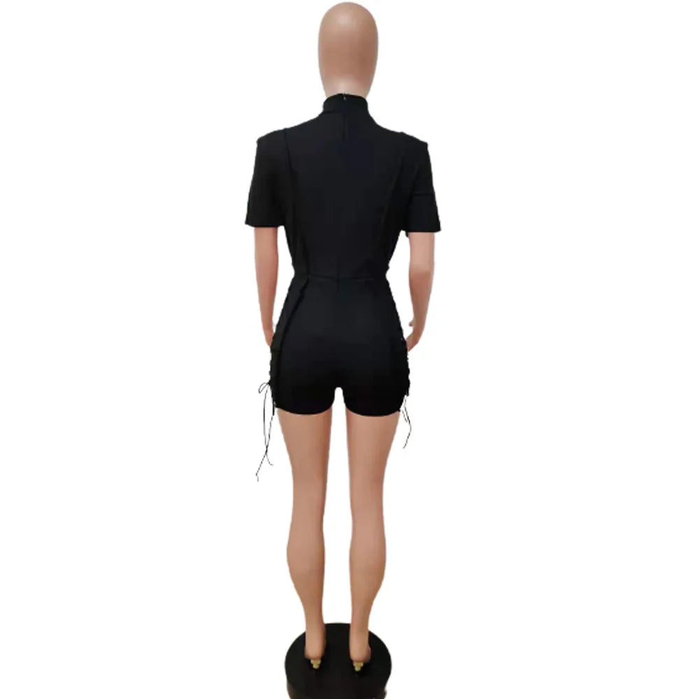 ANSKZTN Women Fashion Bodycon Solid O Neck Hollow Out Bandage Short Sleeve Rompers Jumpsuit