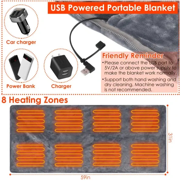 USB Heated Blanket Poncho Shawl Wrap with Zipper 59+31in Electric Heated Throw for Home Office Washable FCJ Traditional Scarf