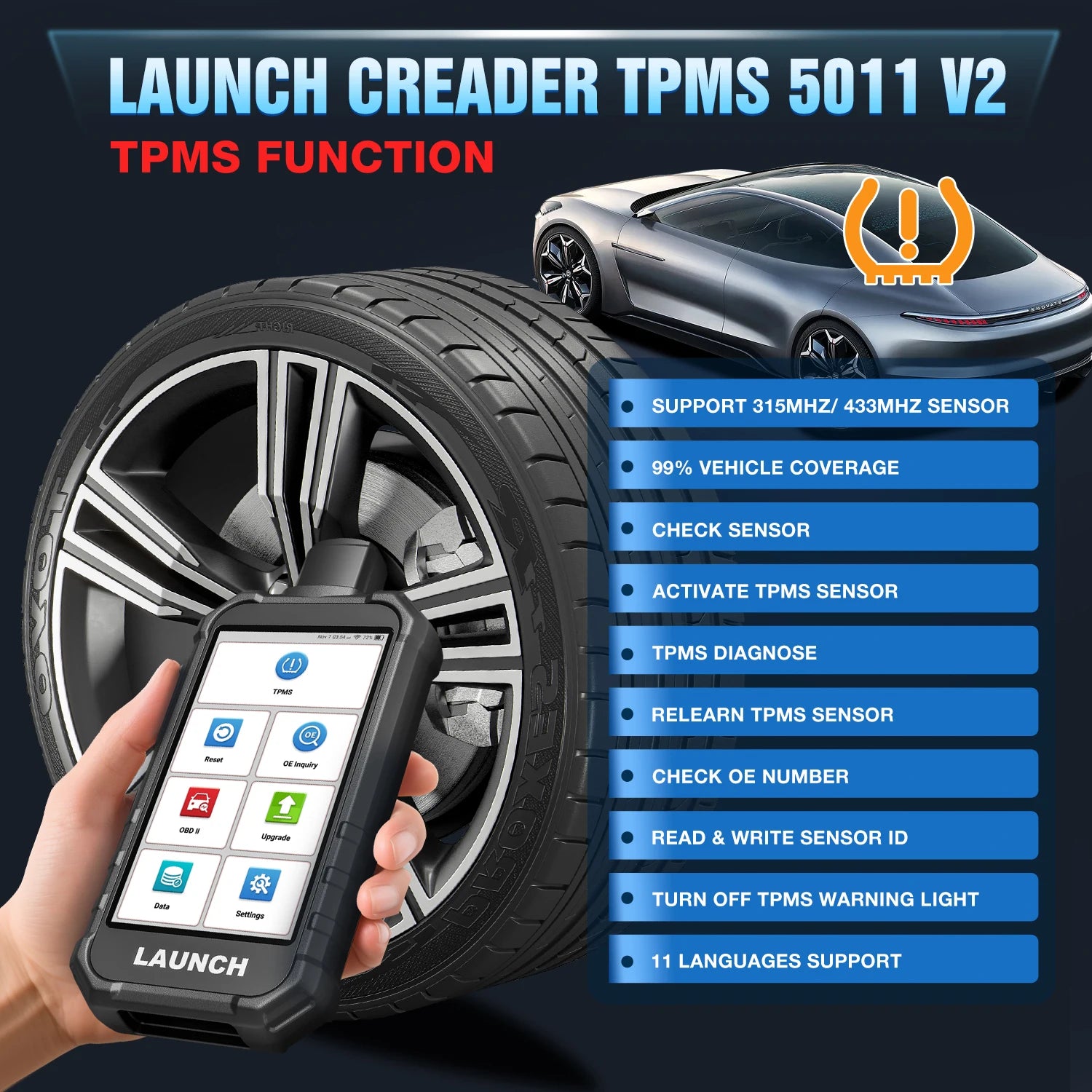 USA EU Warehouse LAUNCH  Newest TPMS CRT5011 V2 Tire Pressure Programming Sensor Scanner Tool With 12 Service Functions