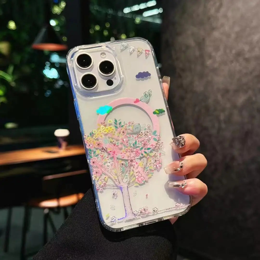Strong Wireless Spring Flower Printed Laser Magnetic PC+TPU Phone Case for iPhone 16 Pro MAX 2 in 1 Shockproof Phone case