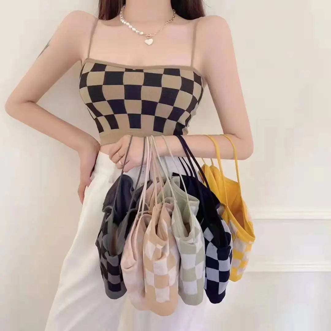 Women Summer Shoulder Vest Plaid Strap Tops Short Style Clothes Ladies Bra Seamless Crop Tops Casual Vest