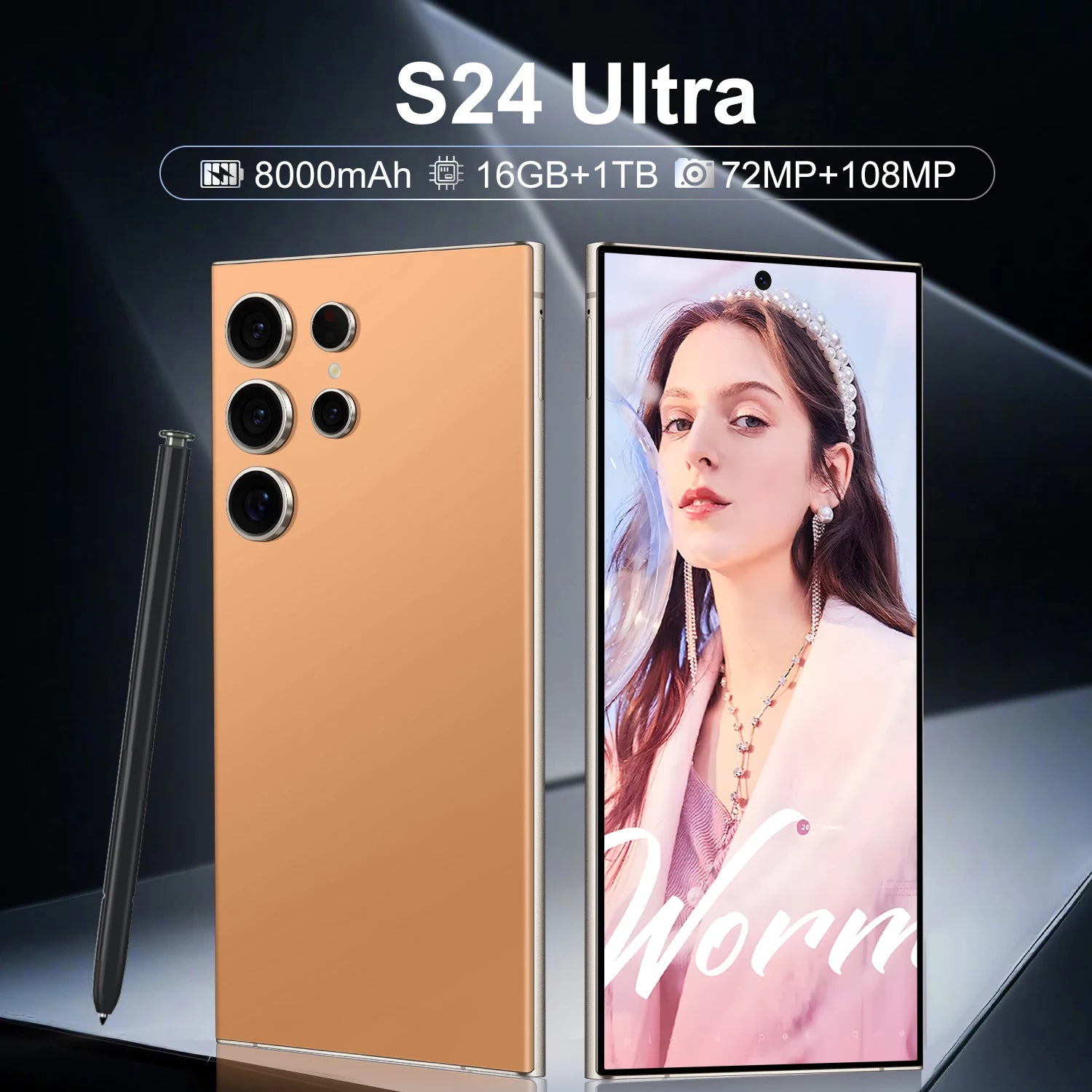 هاتف ذكي جديد S24 Ultra 5G بشاشة كبيرة مقاس 7.3 بوصة وذاكرة 8+256 جيجابايت وشريحتين اتصال وبطارية 8000 مللي أمبير في الساعة، هاتف الكل في واحد بذاكرة وصول عشوائي (RAM) 16 جيجابايت وذاكرة قراءة فقط (ROM) 1 تيرابايت