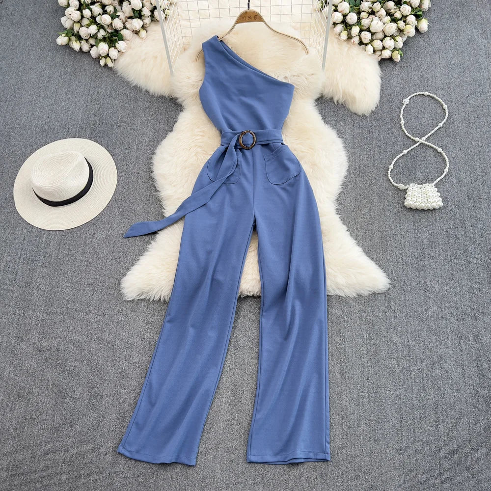 One Size Summer Fashion Slim Fit Slant Neck Sleeveless Jumpsuit High Waisted Straight Leg Wide Leg Pants Jumpsuit