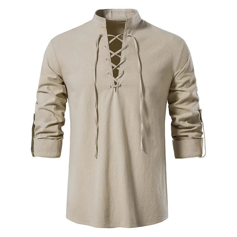 Good Quality New Design Stand Collar Men's Cotton Linen Shirt Long-sleeved Casual Beach Shirt