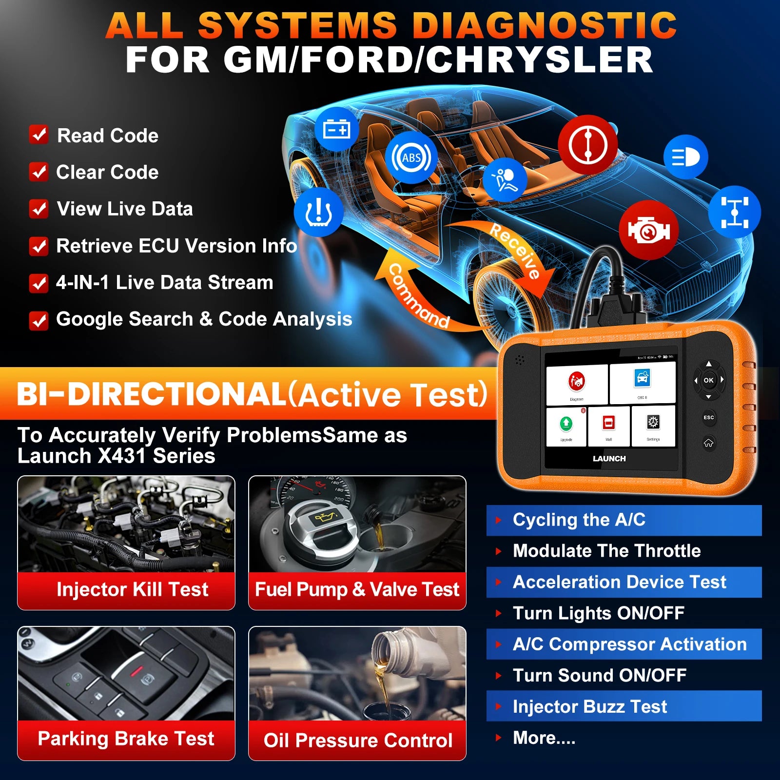 LAUNCH  NEW Creader Elite 2.0 for FGC OBD2 Scanner Diagnostic Tool Machine for All Cars Full System All Service Code Reader