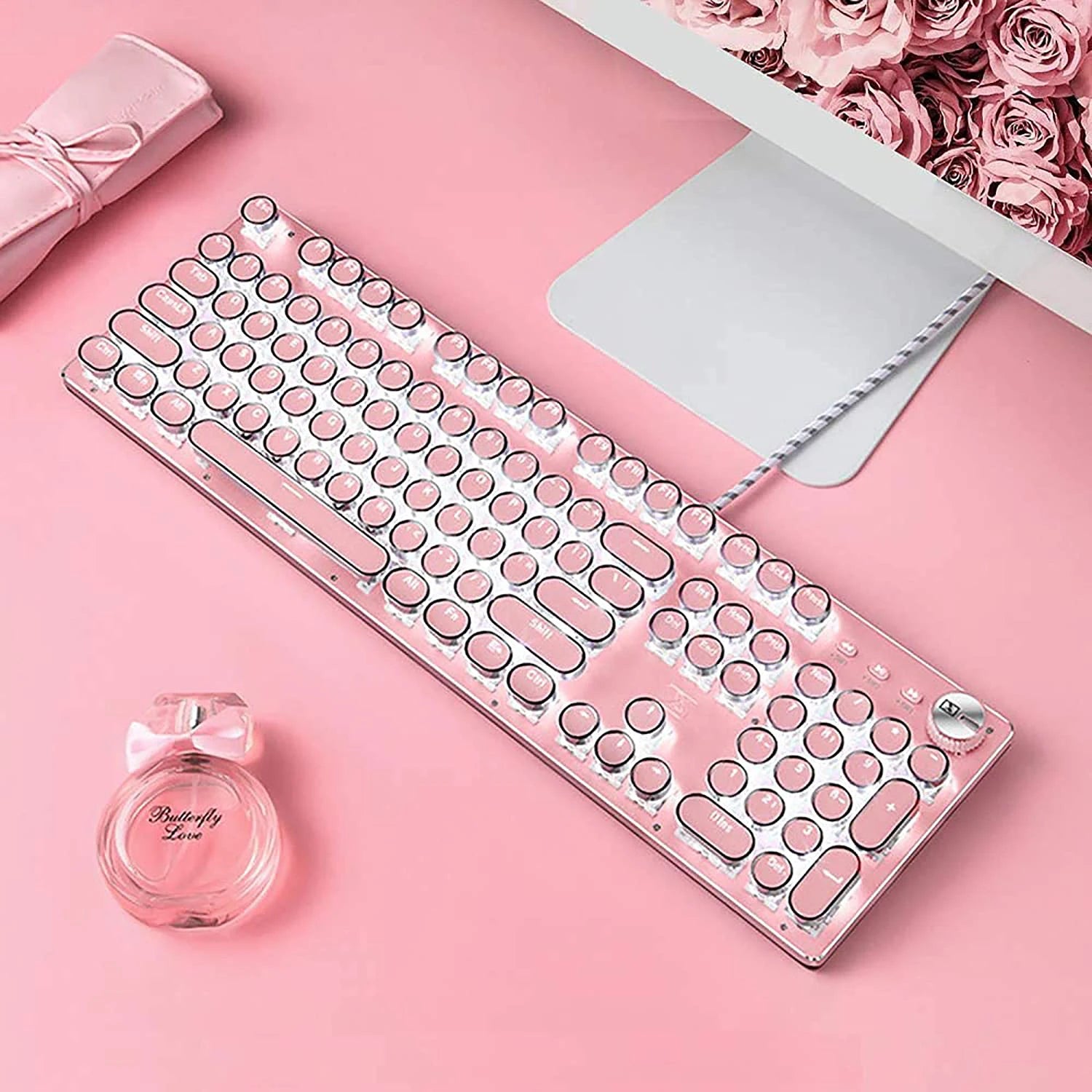 Girl Pink Real Mechanical Keyboard Green Axis Punk Retro Round Key Chocolate Lipstick Office Typing Game Keyboard