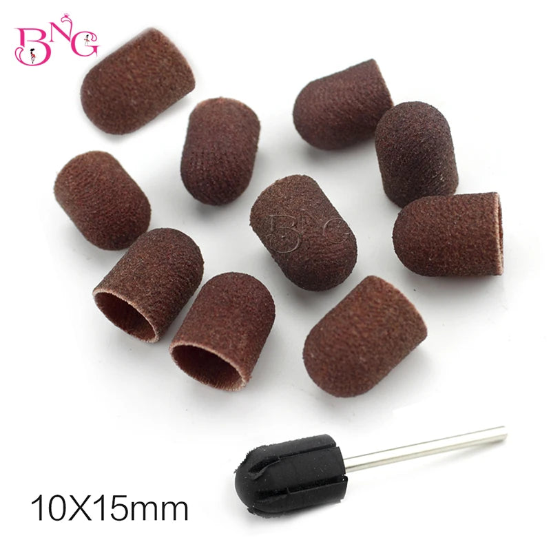 11ps 10*15mm Electric Nail Drill Bit Block Sanding Cap Band Rubber Mandrel Grip Milling Cutter Manicure Pedicure Tools Accessory