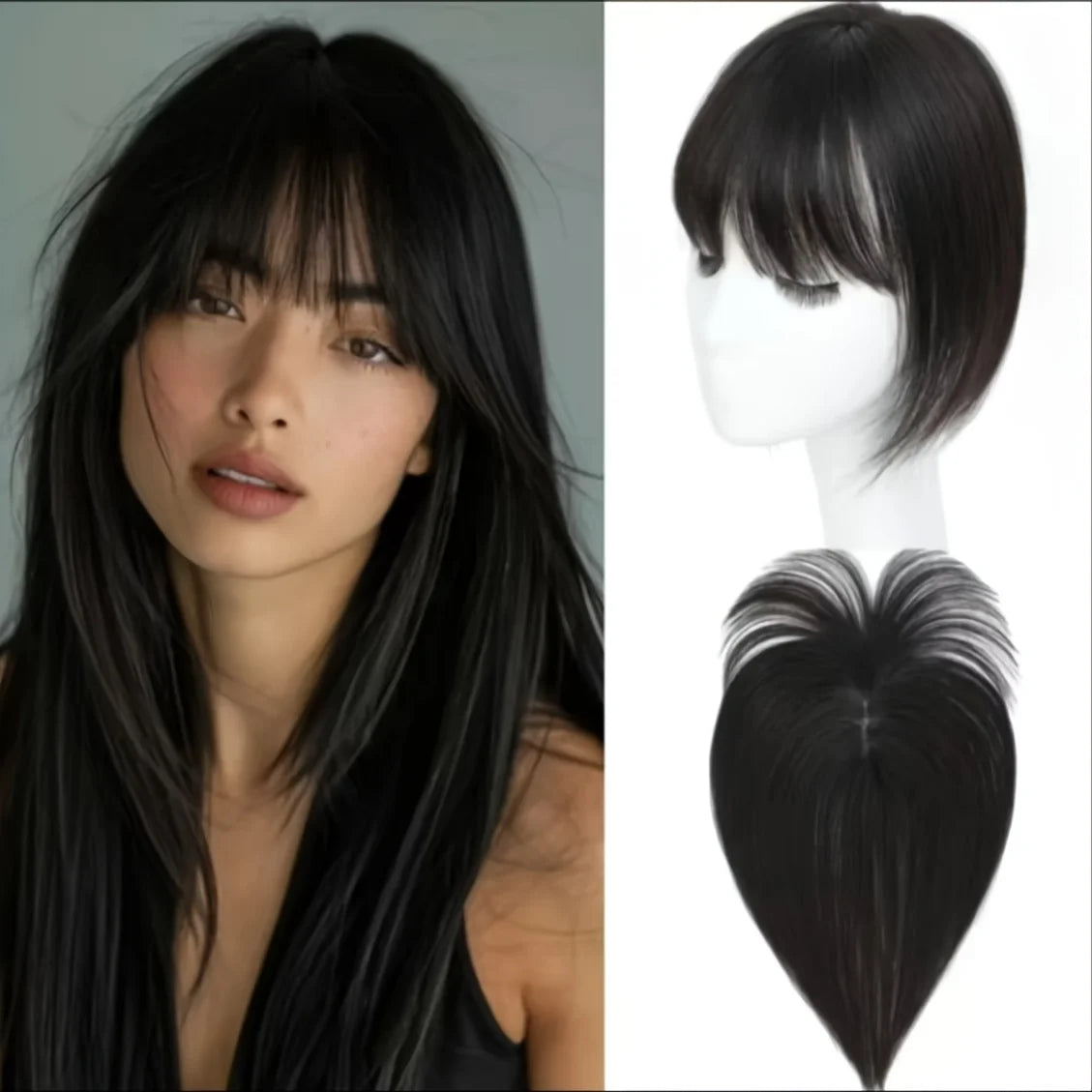 [Real Human Hair Topper] Real Human Hair Clip in Bangs Topper for Women | French Bangs Hair Piece for Thinning & Volume-Silvery