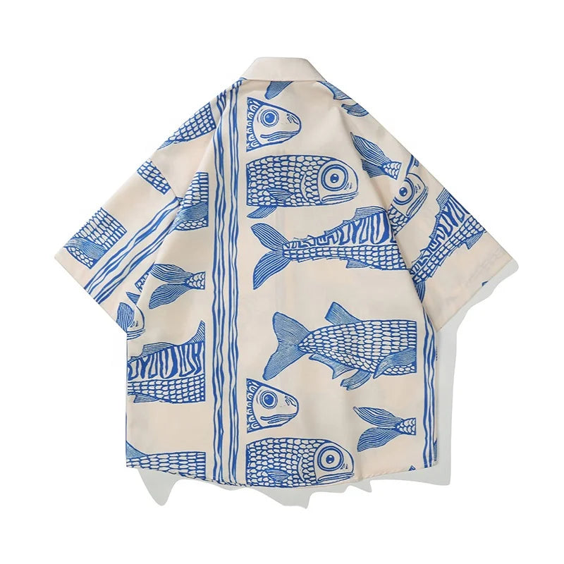Oversized American Style 2023 Summer Fried Street Fashion Small Fish Print New Personalized Mens Casual Shirts