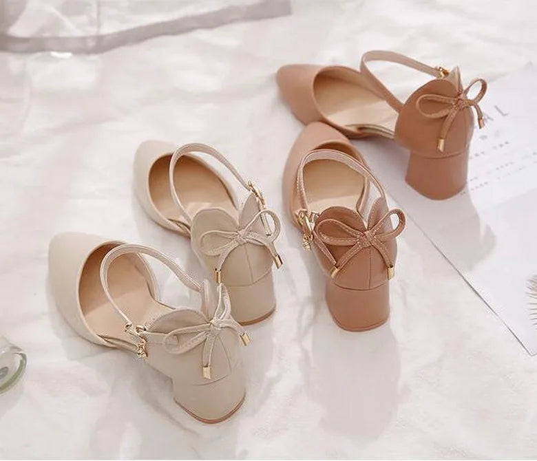 FHC Bowtie High Heels Women Pumps,Pointed toe Single Shoes Woman,Ankle Strap Sandals,Block Heel Footware for Office Lady,Beige