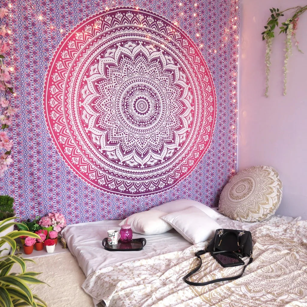 HMS 92\" X 84\" Pink and White Bohemian Mandala Hanging Tapestry Handmade Cotton Wall Decor for Home Hippie Anime Style Woven"