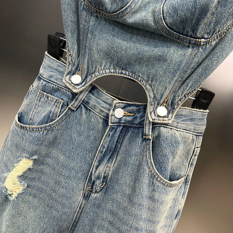 Spring Summer High Quality Cotton Denim High Waist Women Jumpsuit 2023