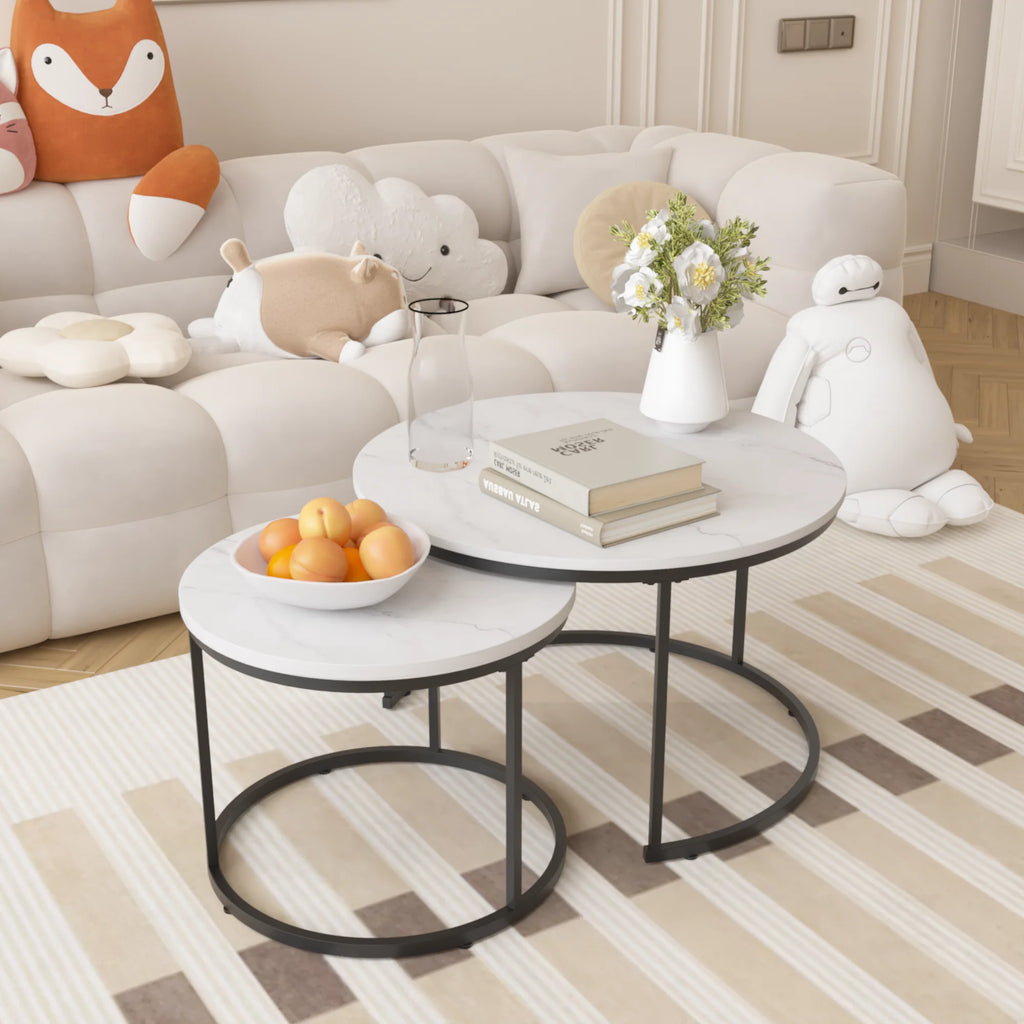 Modern Coffee Table Set 2 27.6inch Wood Marble Pattern Top Sturdy Metal Frame End/Side Tables Living Room Bedroom Balcony Home