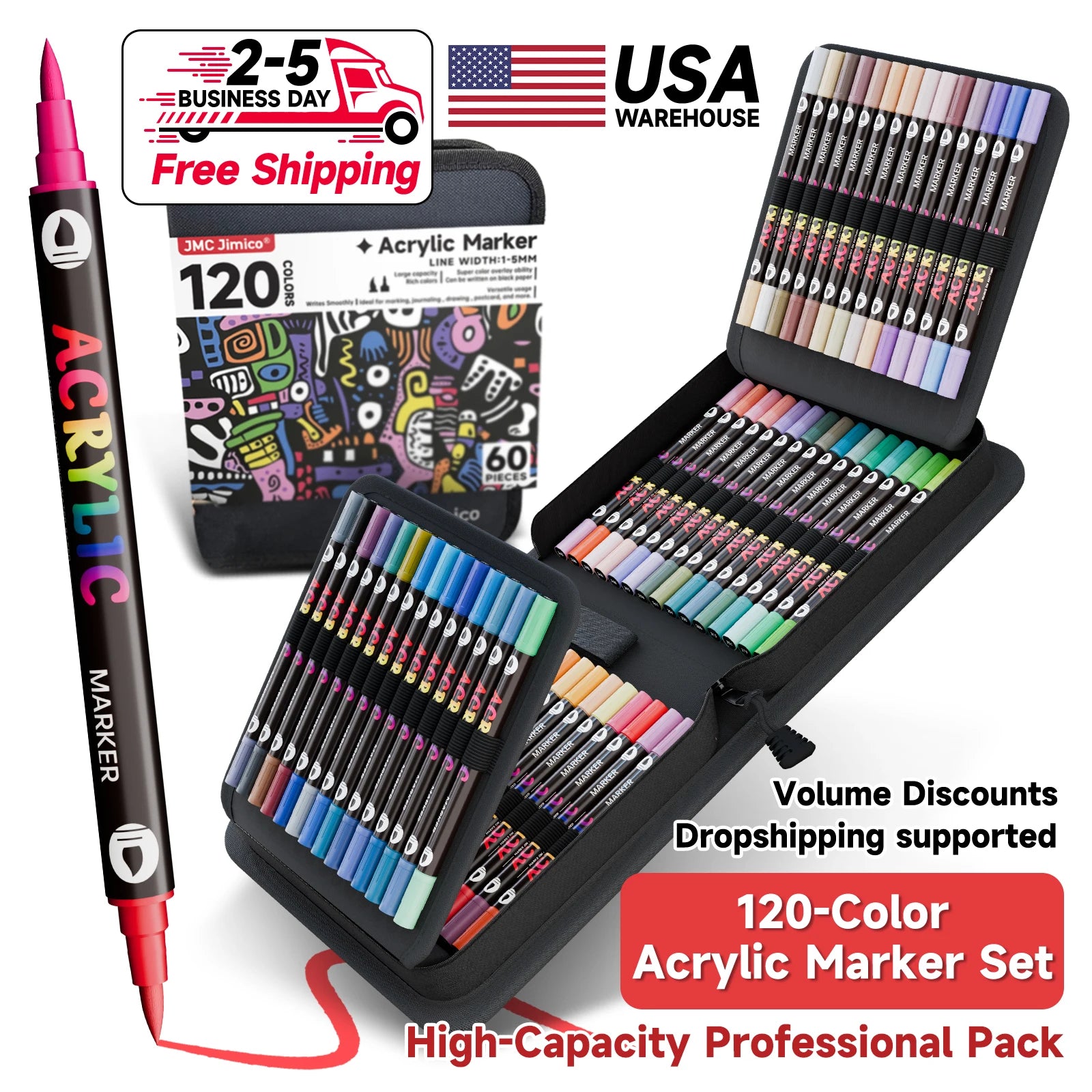 JMC JIMICO Dual-Tip Dual-Color Acrylic Markers 120 Colors, Extra Soft Brush Tip Paint Pens DIY Craft Projects, Complete Art Set