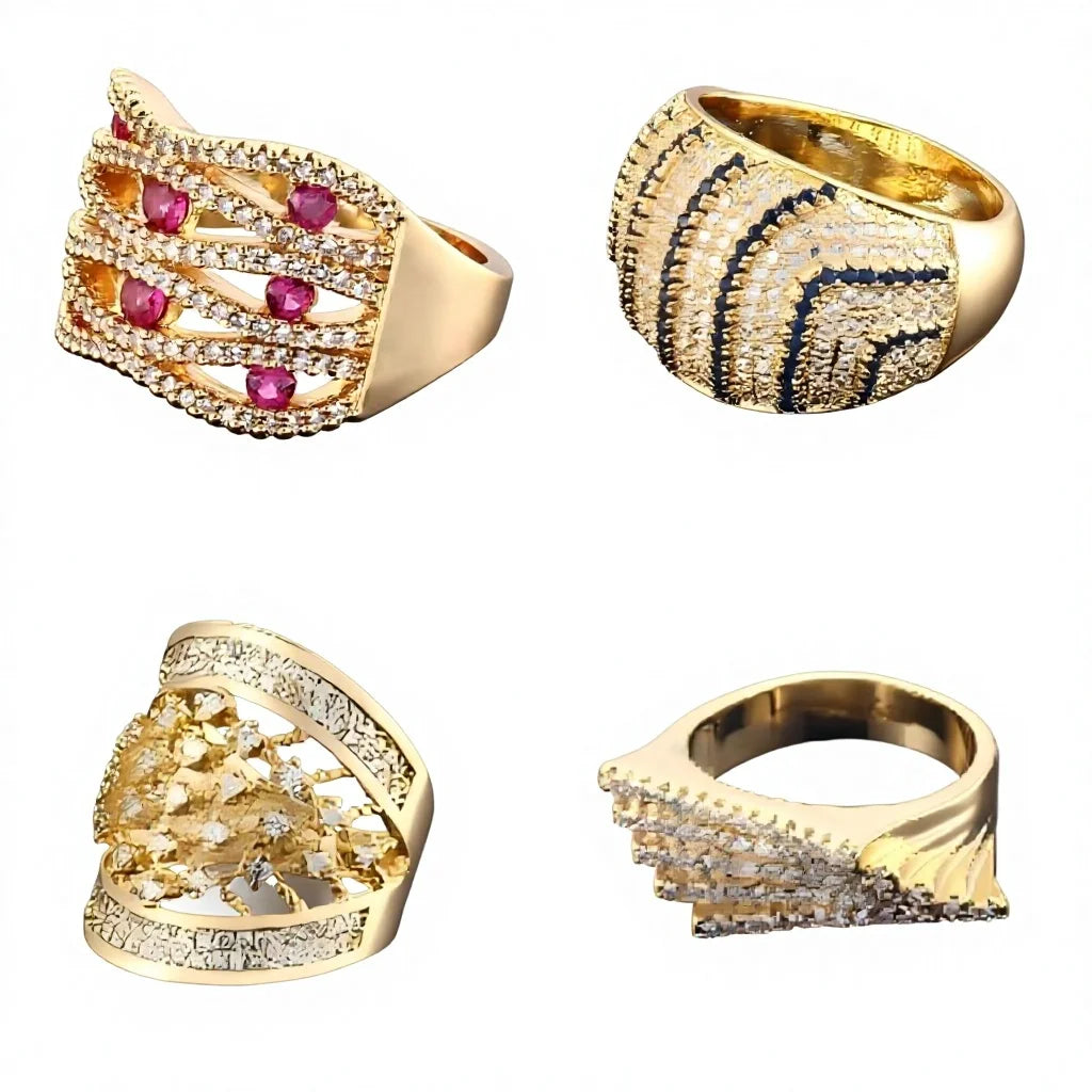 Adjustable a Set of Four Rings Copper Wedding Ring 18K Gold Plated Zirconia Claw Set Channel Set Geometric Fashion Jewelry Women