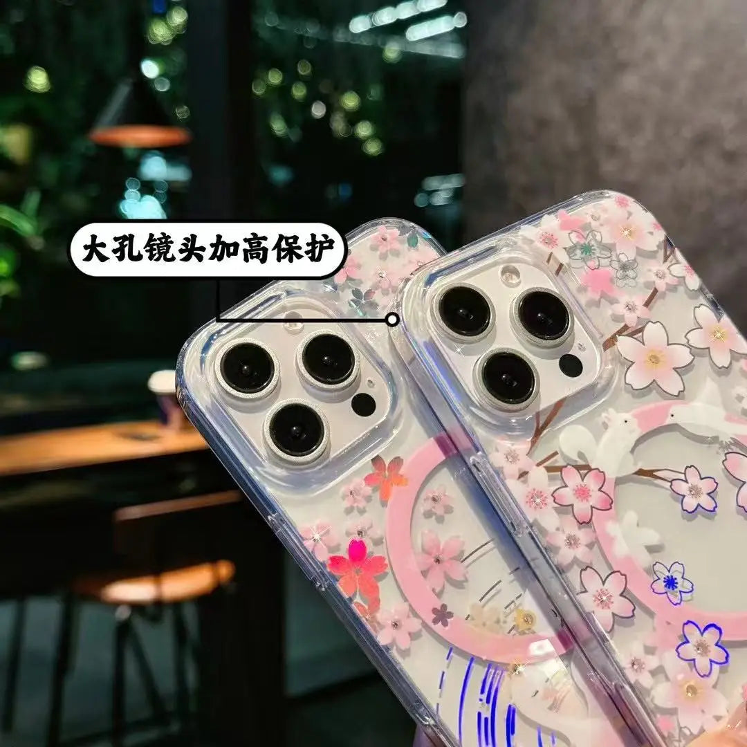 Strong Wireless Spring Flower Printed Laser Magnetic PC+TPU Phone Case for iPhone 16 Pro MAX 2 in 1 Shockproof Phone case
