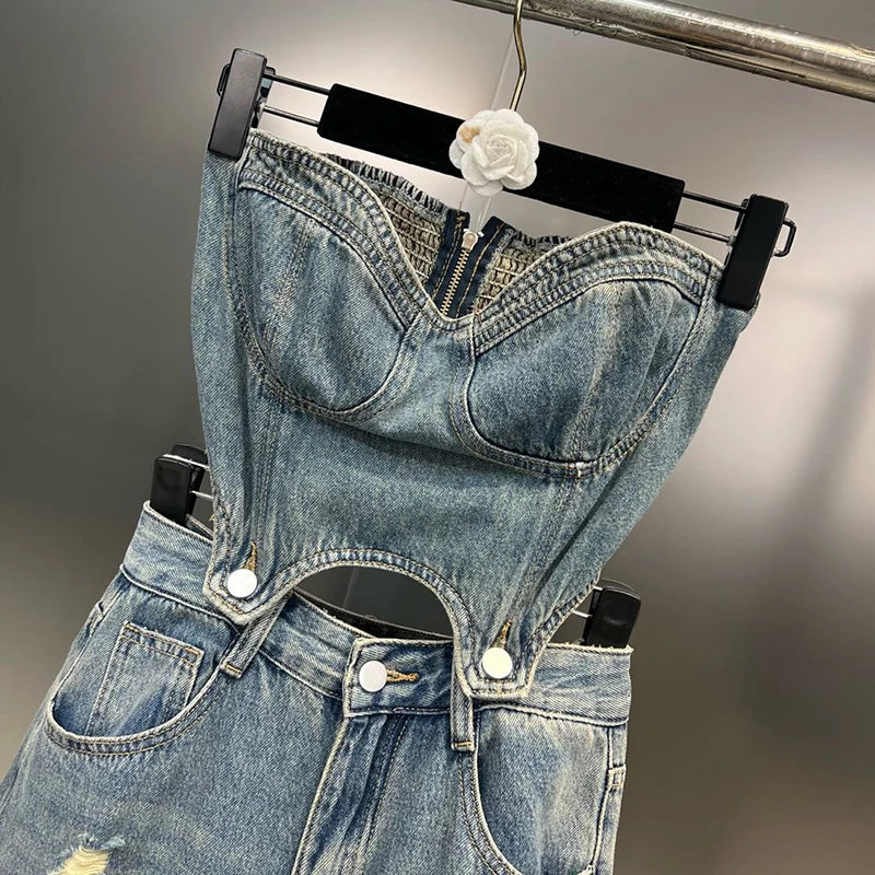 Spring Summer High Quality Cotton Denim High Waist Women Jumpsuit 2023