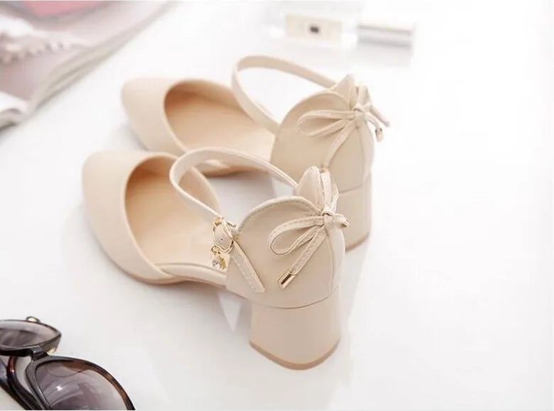 FHC Bowtie High Heels Women Pumps,Pointed toe Single Shoes Woman,Ankle Strap Sandals,Block Heel Footware for Office Lady,Beige