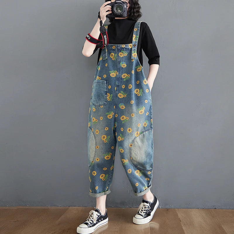 Wholesale Retro Art and Age Reduction Printing Denim Straps for Women Spring and Autumn 2026 New Large Skinny Jumpsuit