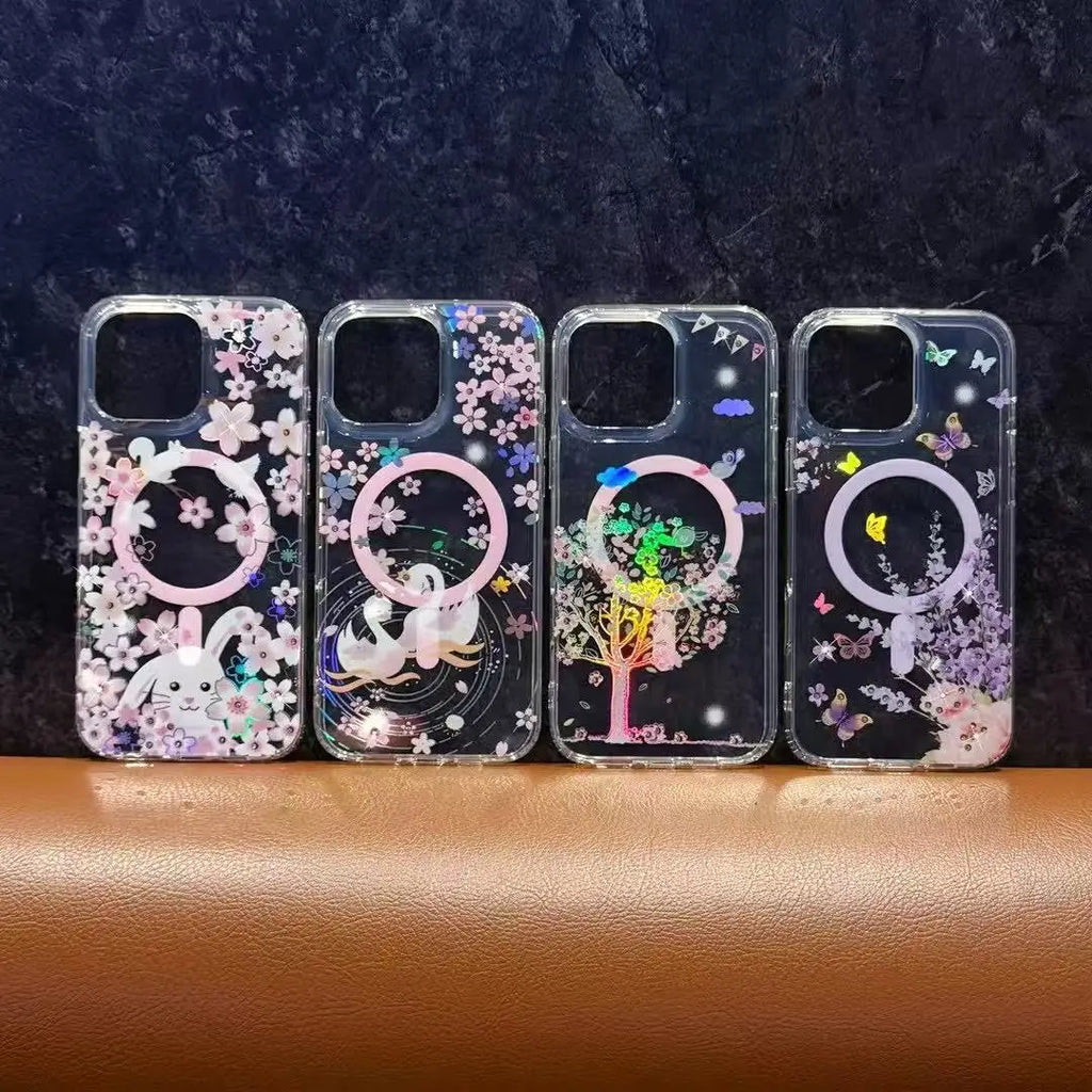 Strong Wireless Spring Flower Printed Laser Magnetic PC+TPU Phone Case for iPhone 16 Pro MAX 2 in 1 Shockproof Phone case