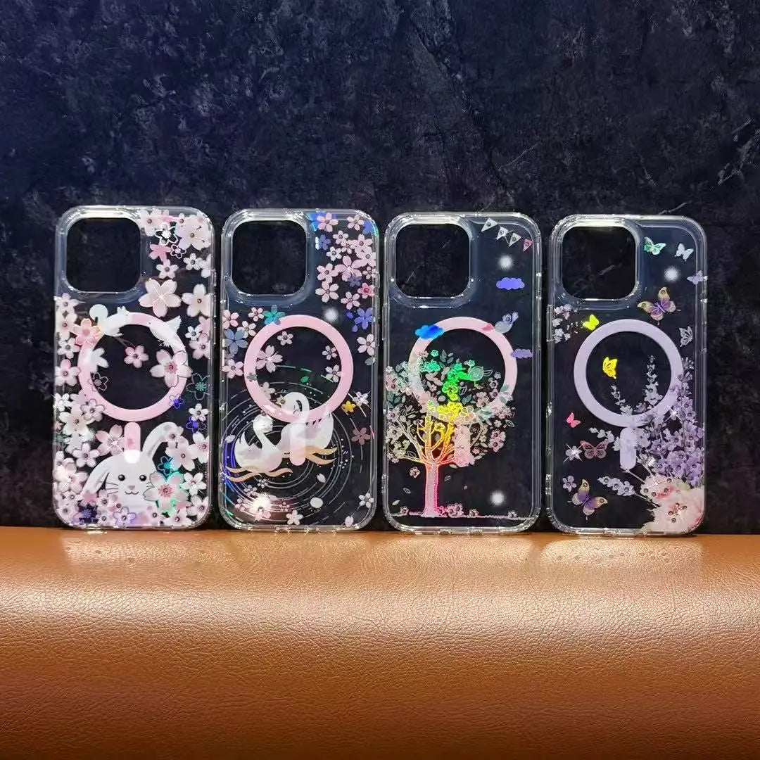 Strong Wireless Spring Flower Printed Laser Magnetic PC+TPU Phone Case for iPhone 16 Pro MAX 2 in 1 Shockproof Phone case