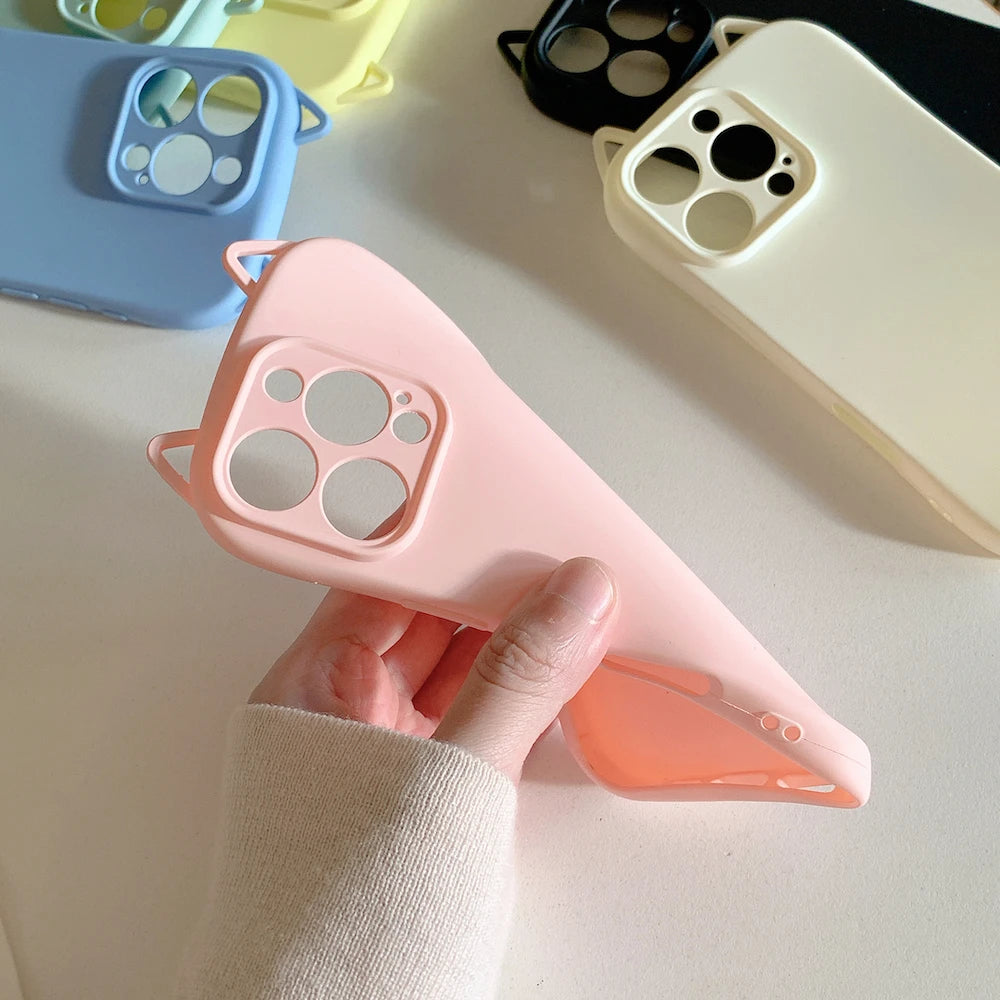 Cute Kitty Cat Ear Design Matte TPU Phone Case for iPhone 16 Pro Max 13 14 15 15 Pro Max Kawaii Candy Color Shockproof Cover