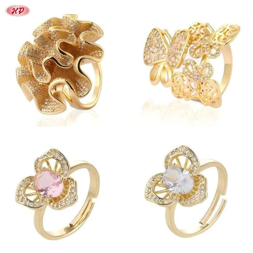 Adjustable a Set of Four Rings Copper Wedding Ring 18K Gold Plated Zirconia Claw Set Channel Set Geometric Fashion Jewelry Women