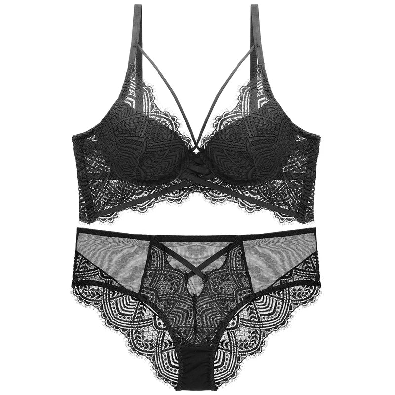 Eyelash Lace Bandage Thin Lined Bra and Panties Set Underwear with Push Up Women Intimates Sexy Beautiful Lingerie New Arrivals