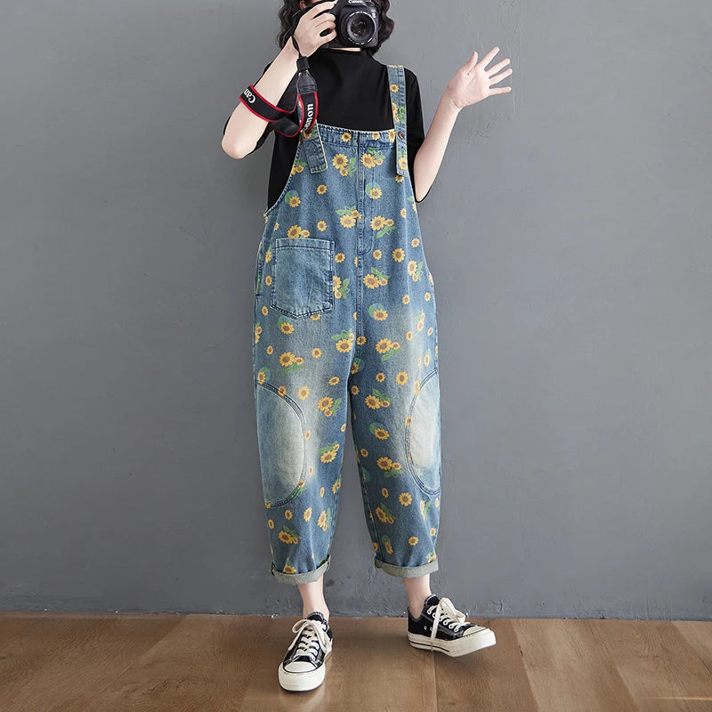 Wholesale Retro Art and Age Reduction Printing Denim Straps for Women Spring and Autumn 2026 New Large Skinny Jumpsuit