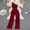 One Size Summer Fashion Slim Fit Slant Neck Sleeveless Jumpsuit High Waisted Straight Leg Wide Leg Pants Jumpsuit