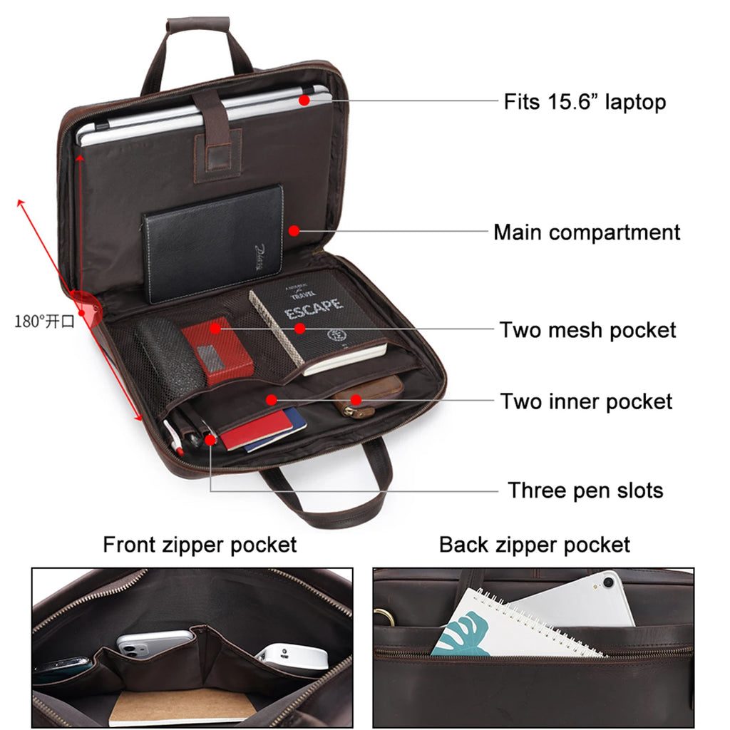 TIDING Vintage Men Cow Buffalo Leather 15 Inch Laptop Briefcase Slim Genuine Leather Laptop Bag for Man