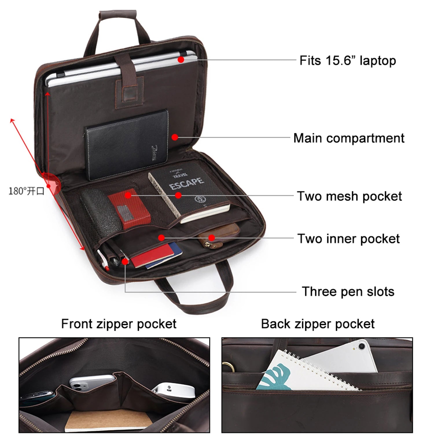 TIDING Vintage Men Cow Buffalo Leather 15 Inch Laptop Briefcase Slim Genuine Leather Laptop Bag for Man