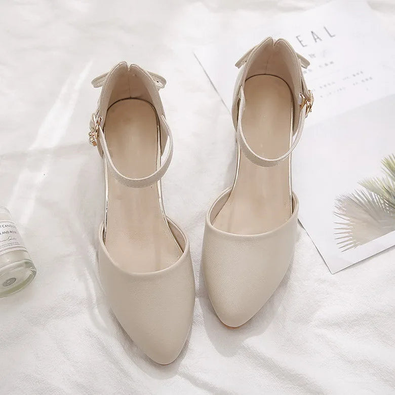 FHC Bowtie High Heels Women Pumps,Pointed toe Single Shoes Woman,Ankle Strap Sandals,Block Heel Footware for Office Lady,Beige