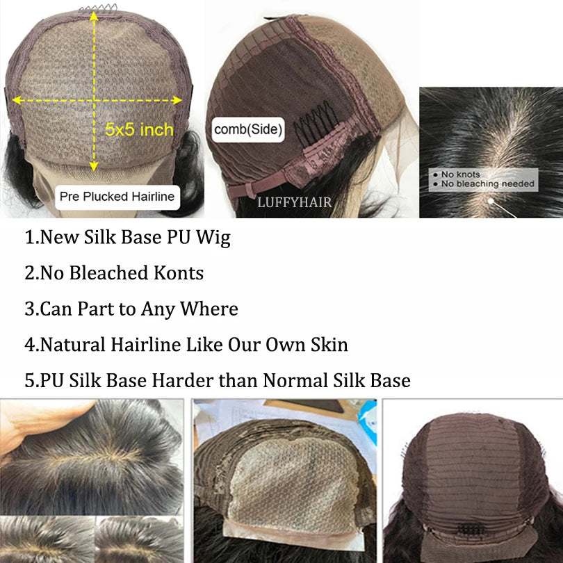 Body Wave Human Hair Wigs With Bangs 5x5 PU Silk Base Closure Wig 150% Density Malaysian Remy Hair Wavy Wigs For Women