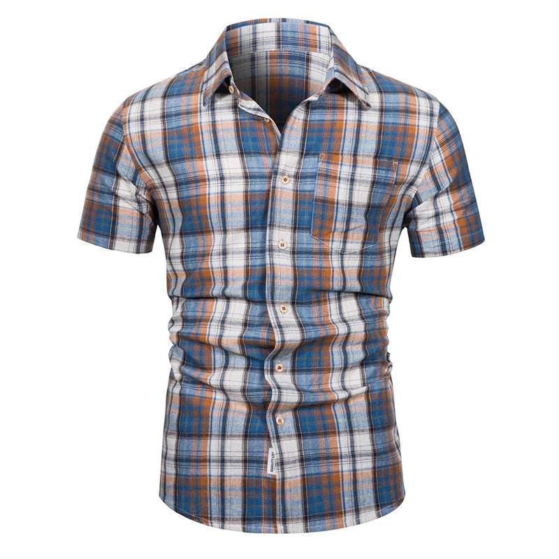 2023 Hot Sale  Vintage  Short Sleeve Plaid Beach t Shirt US Size Men Casual Cotton Plaid Pattern Polo Shirt for Men