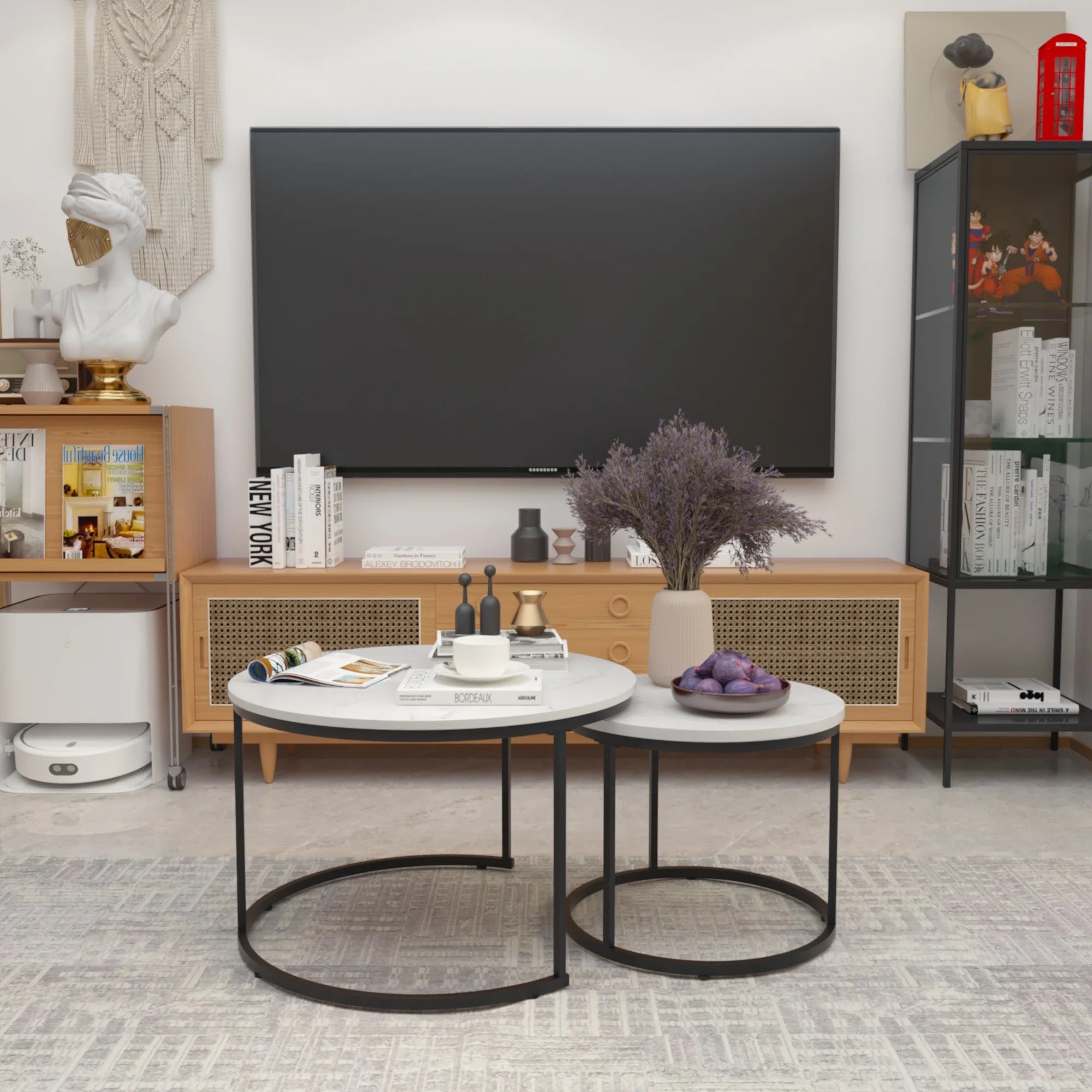 Modern Coffee Table Set 2 27.6inch Wood Marble Pattern Top Sturdy Metal Frame End/Side Tables Living Room Bedroom Balcony Home