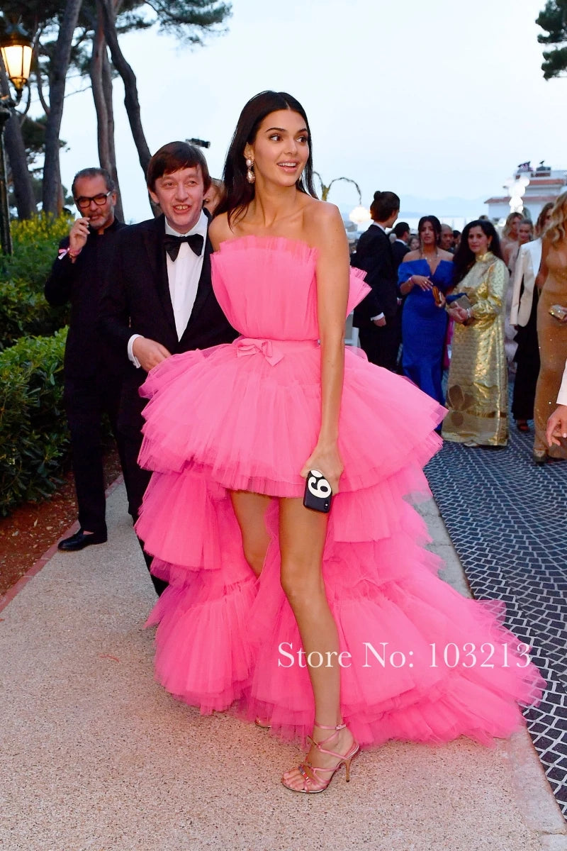Pink Tiered Celebrity Dress Strapless Short Front Long Back Evening Gowns Formal Party Elegant Princess Graduation 2022