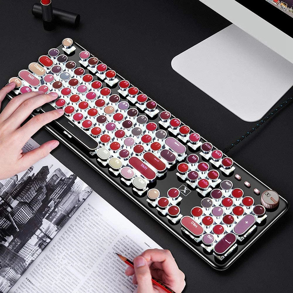 Girl Pink Real Mechanical Keyboard Green Axis Punk Retro Round Key Chocolate Lipstick Office Typing Game Keyboard