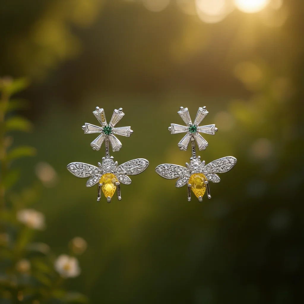 White Gold Plated Bee Stud Earrings With Pear Cut Zircon And Diamond Accents For Women Party Jewelry Cute Insect Design