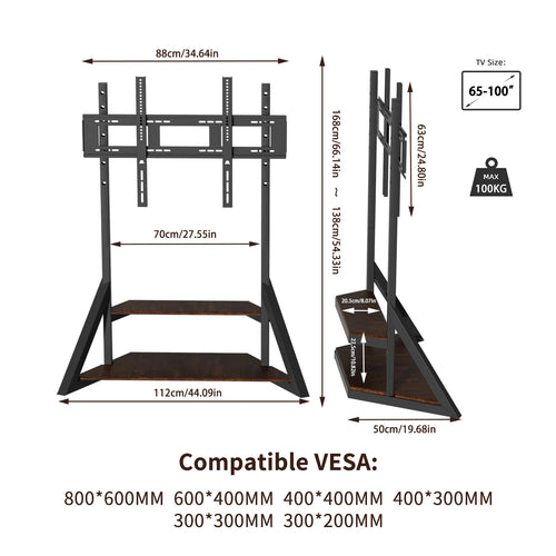 40-100 Inch Large Mobile Floor TV Stand on Wheels  Wood Shelf Base