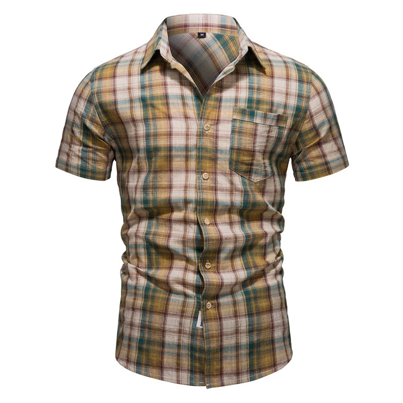 2023 Hot Sale  Vintage  Short Sleeve Plaid Beach t Shirt US Size Men Casual Cotton Plaid Pattern Polo Shirt for Men