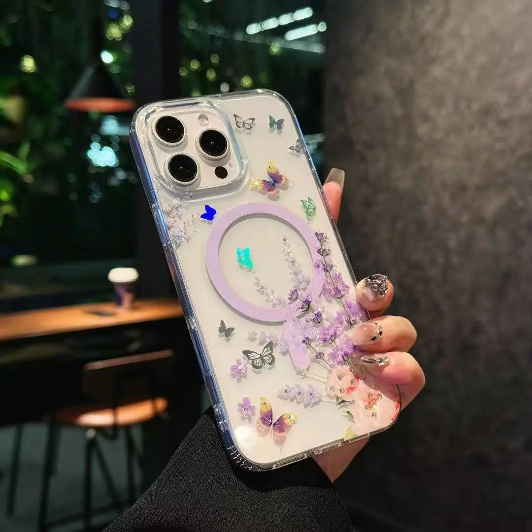 Strong Wireless Spring Flower Printed Laser Magnetic PC+TPU Phone Case for iPhone 16 Pro MAX 2 in 1 Shockproof Phone case