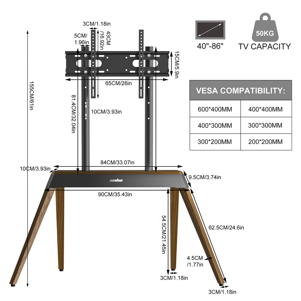 Heavy Duty Steel TV Floor Stand for 40-86 Inch Height Adjustable TV Mount