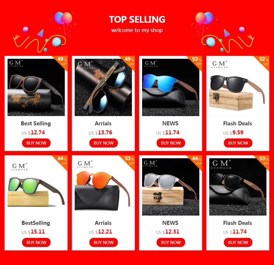 GM New Arrivals Black Wooden Polarized Sunglasses for Men Bamboo Sunglasses Red UV400 Lenses Fashion Driving Shades carton S5523